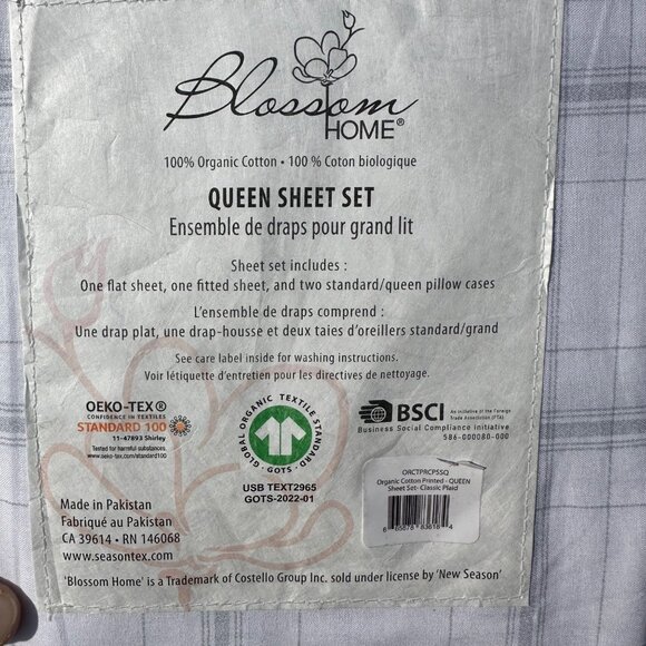 BLOSSOM HOME Organic Cotton Sheet Set Queen Grey Classic Plaid - Picture 14 of 15